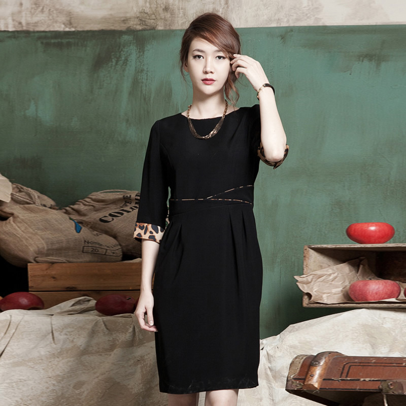 2015夏季新款 韩版修身通勤黑色百搭连衣裙七分袖打底裙 工作服