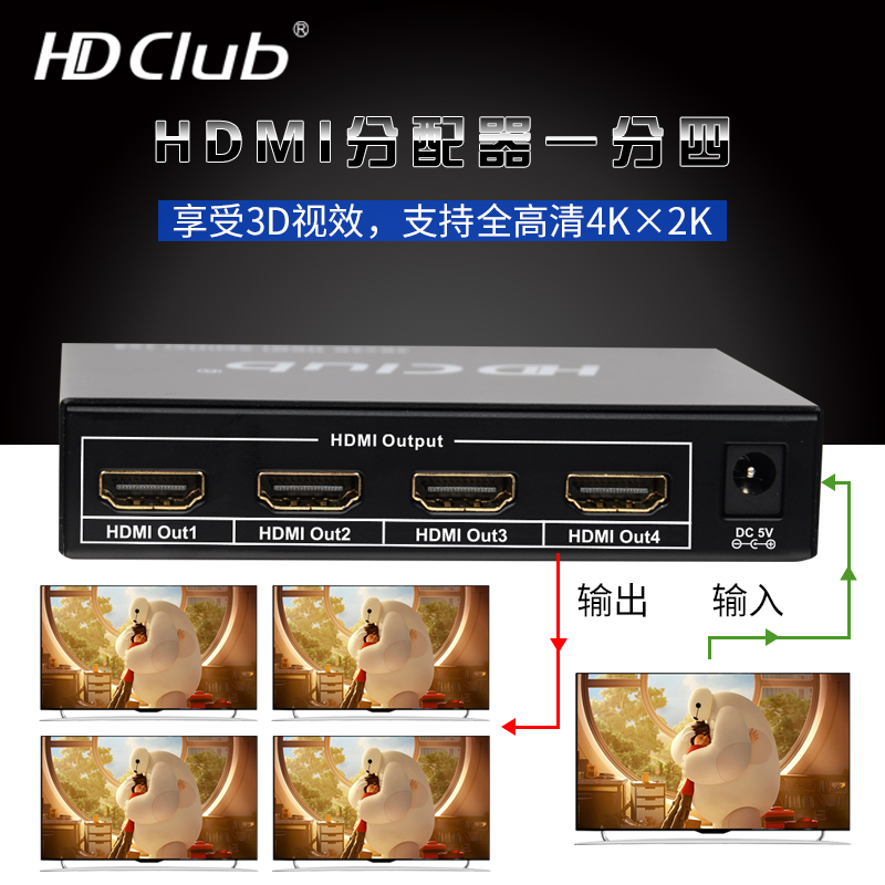 HDclub HDMI高清分配器1进4出 一分四1080P高清分屏器 支持4K*2K