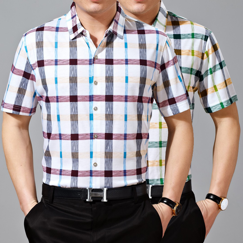 2015夏新款男装短袖衬衫时尚休闲半袖男衬衫韩版格子男士衬衣