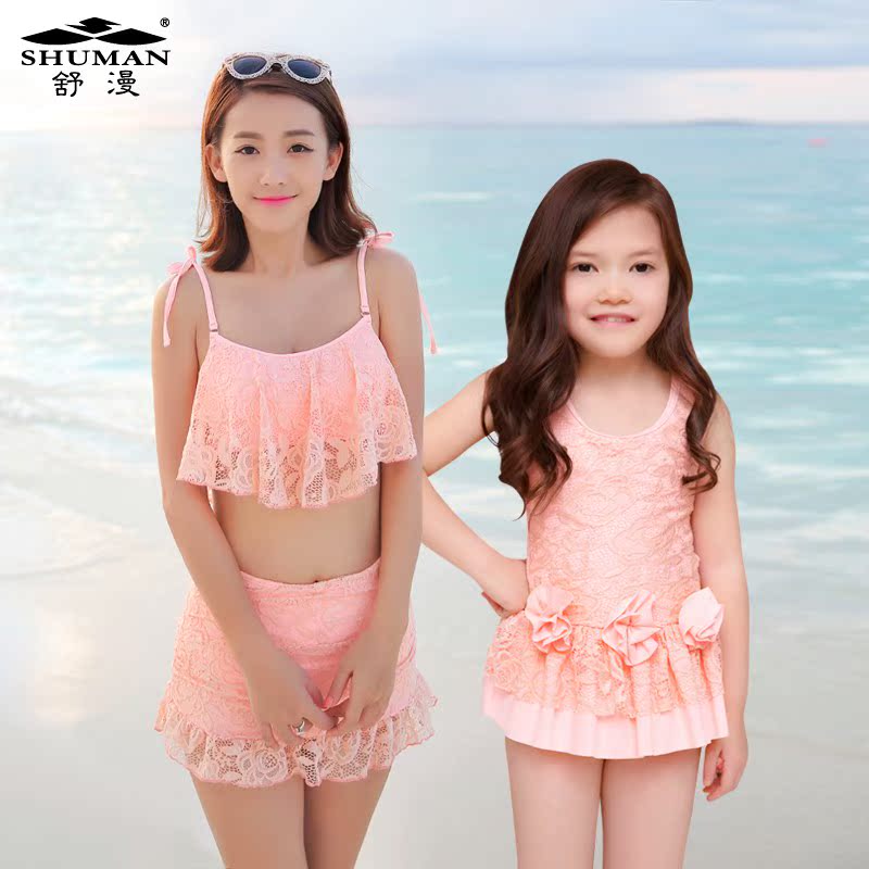 韩国亲子泳装 比基尼钢托泳衣女童分体母女蕾丝游泳衣