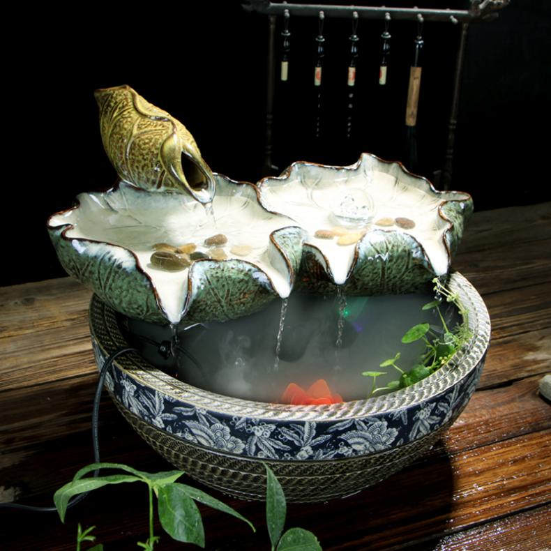现代中式荷叶流水 陶瓷流水喷泉客厅家居装饰品招财鱼缸风水摆设