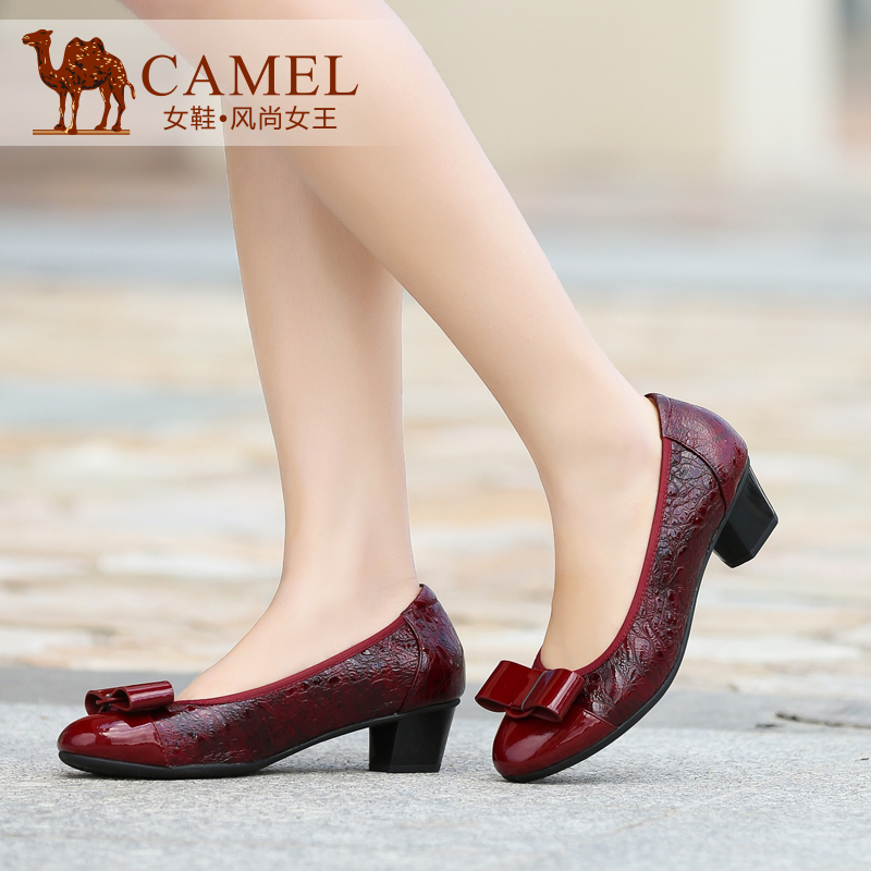Camel骆驼女鞋 优雅舒适 花牛皮牛漆皮圆头蝴蝶结中跟粗跟女单鞋