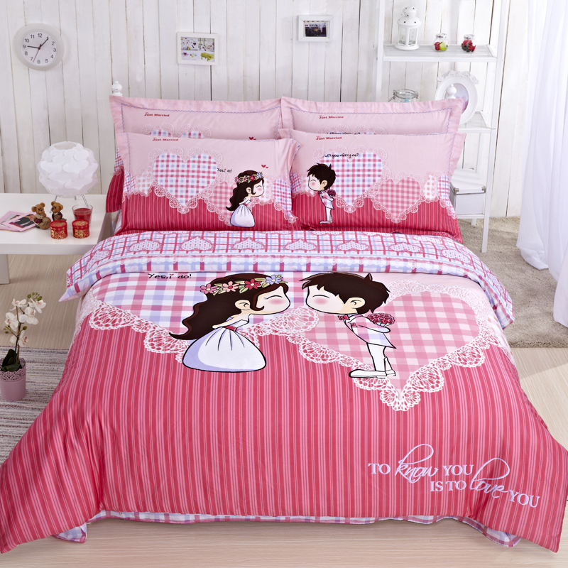 可爱卡通全棉纯棉四件套双人床单床裙儿童粉色床上用品蒙奇奇个性