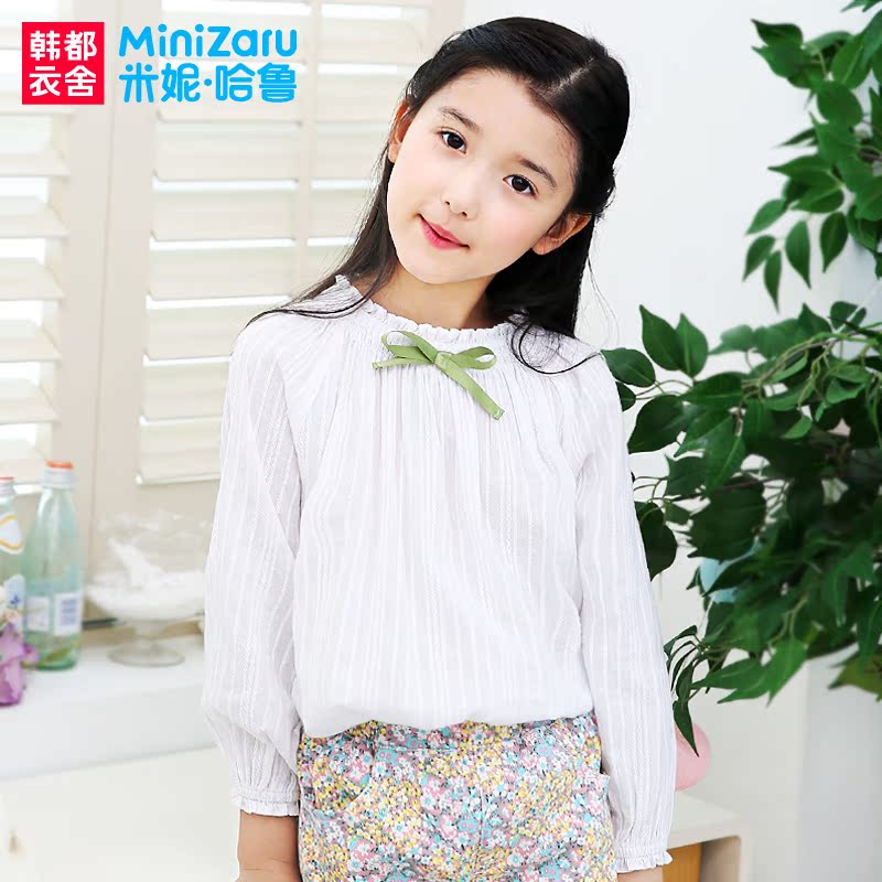 米妮哈鲁童装2016秋装新款女童韩版纯色纯棉长袖套头衬衫ZE5035徍