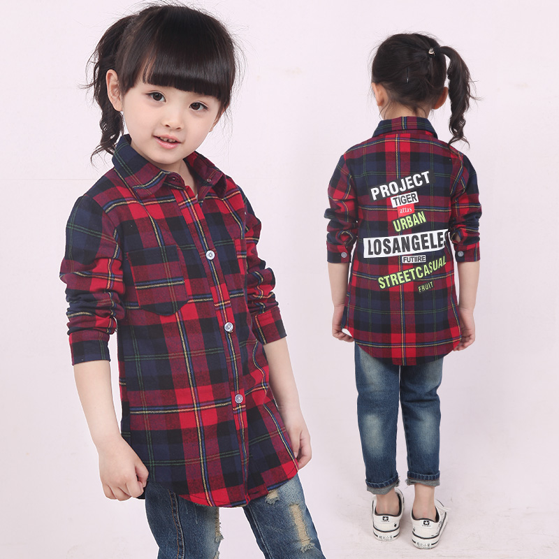2015韩版童装夏装新款 男童女童格子衬衫长款长袖衬衣TB2310