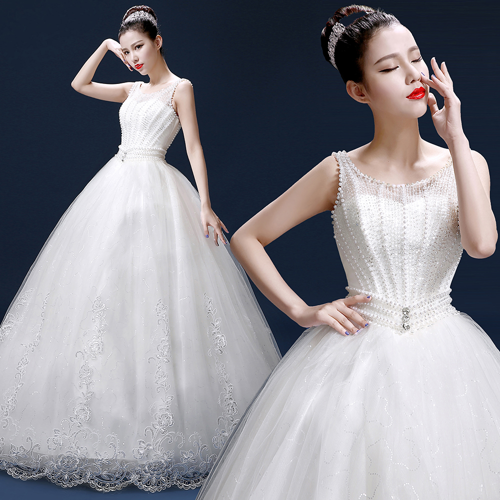 婚纱礼服2015新款 一字肩双肩珍珠蕾丝婚纱 韩式齐地新娘结婚婚纱