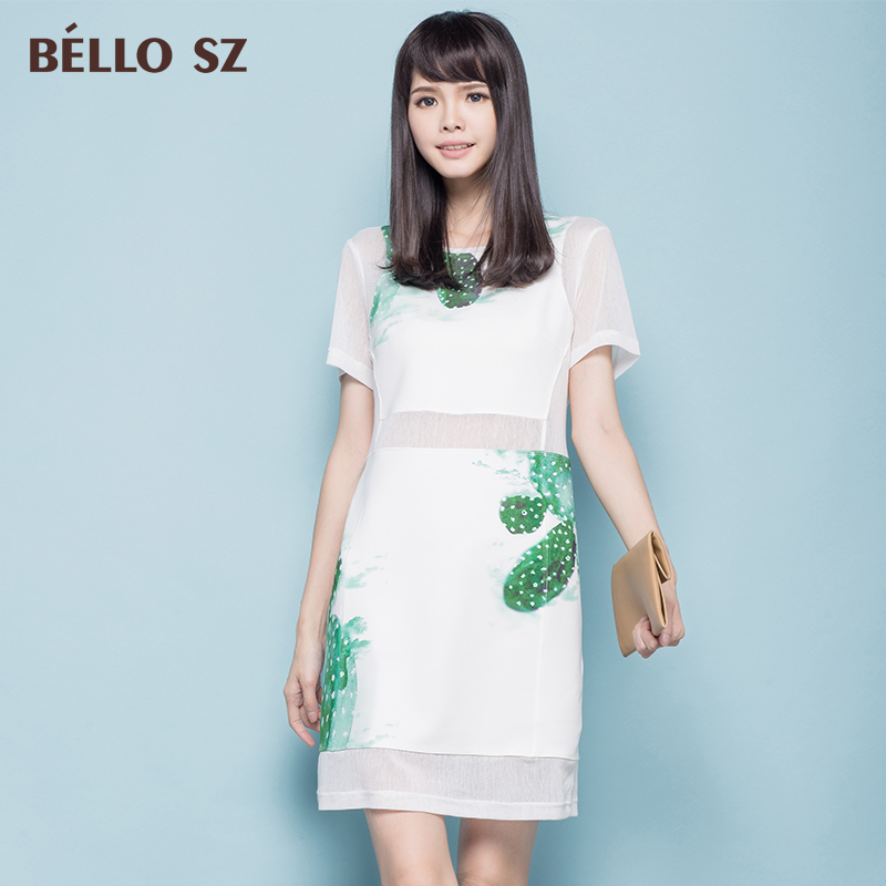 品牌bello sz贝洛安2015夏装新款薄圆领短袖印花透视修身连衣裙夏