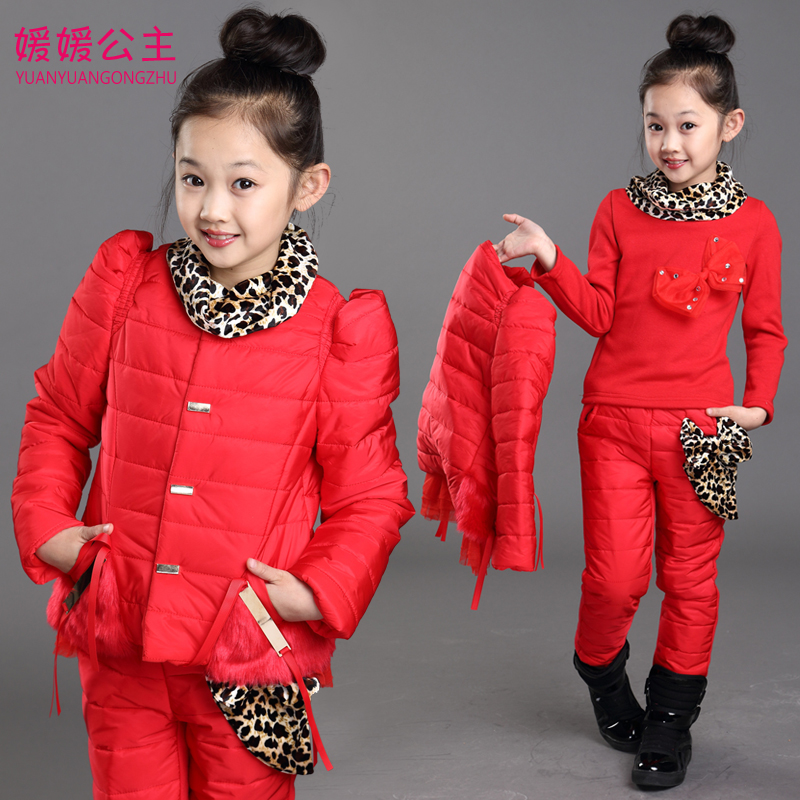 童装女童冬装2015韩版儿童中大童冬季加绒卫衣三件套加厚棉衣套装
