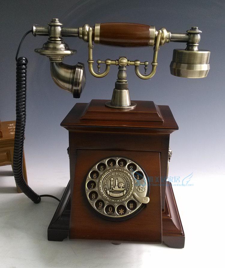 包邮欧式复古工艺礼品电话来电显示仿古家用座机实木金属转盘拨号