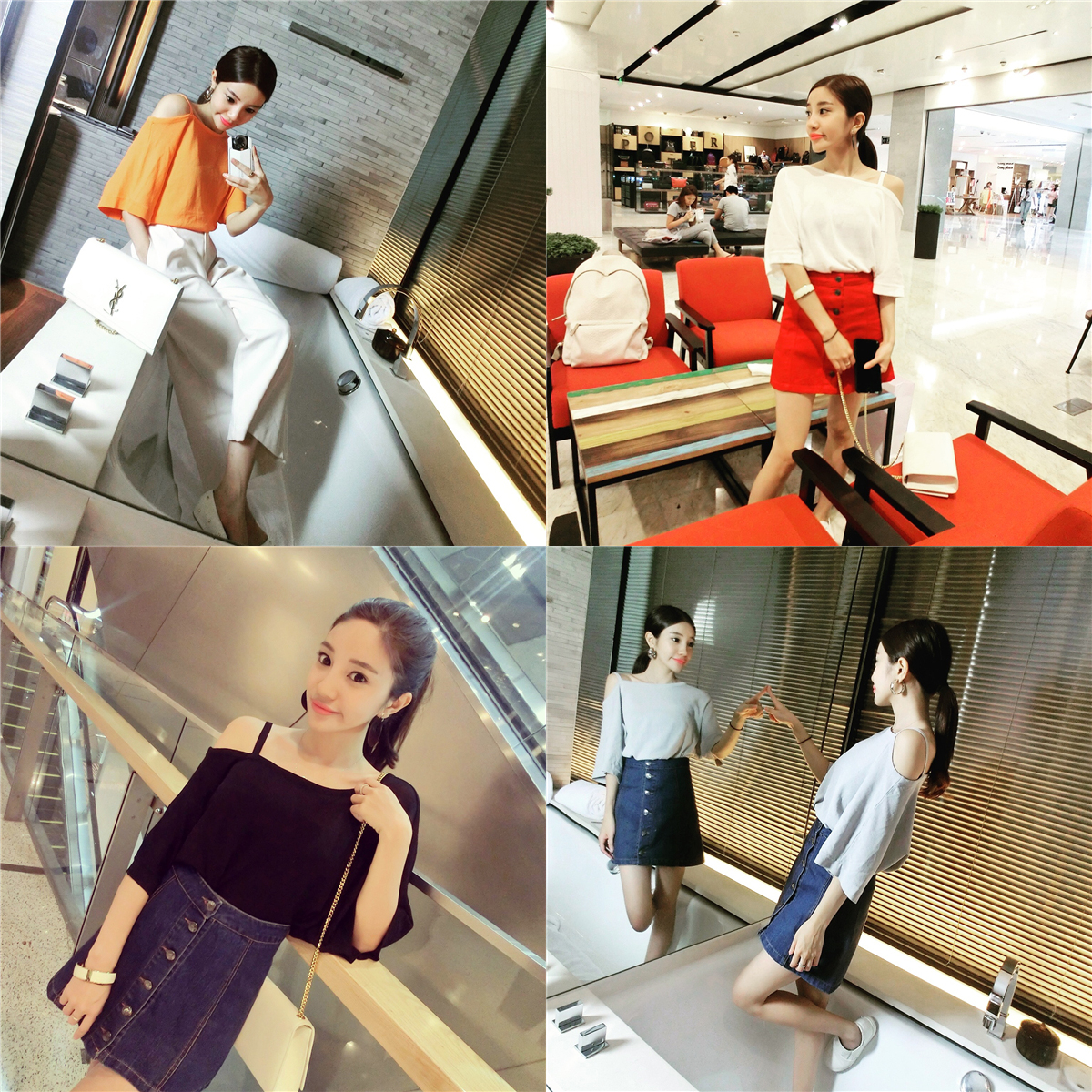小潘潘 2015夏装新款韩版气质百搭纯色露肩五分袖针织女T恤 T5214
