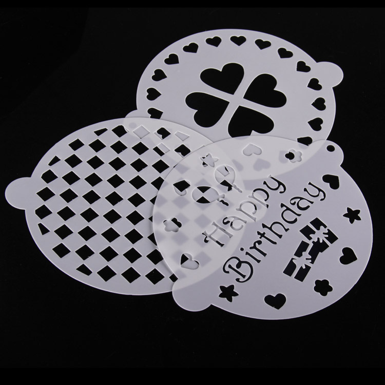 环保3PC彩卡装 带耳蛋糕喷花模--乳白色8寸带方格 糖粉可可粉模板