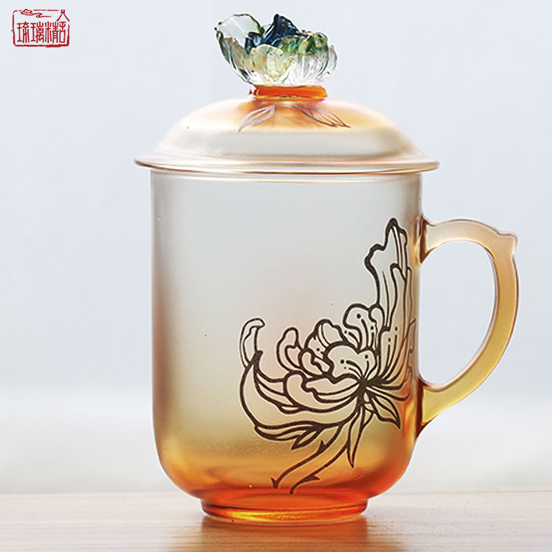 琉璃杯带盖 玻璃商务杯茶杯办公礼品泡茶杯 创意定制广告杯印logo