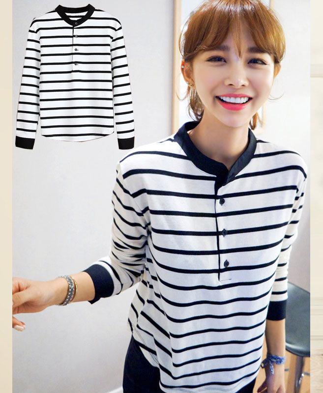2015秋季新款韩版衬衣领口条纹长袖黑白打底小衫