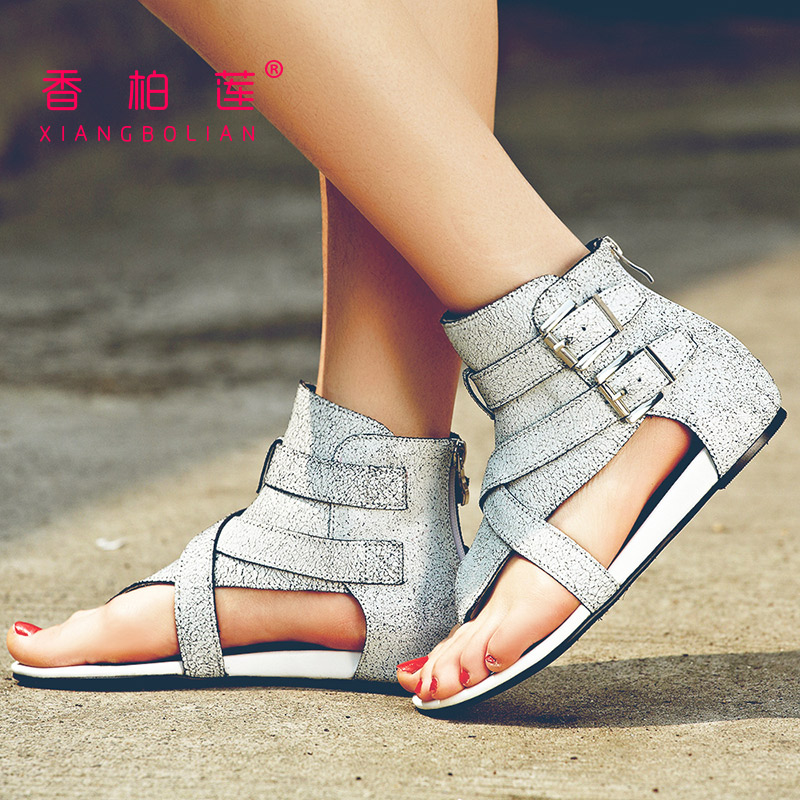 2015夏季韩版潮新款真皮T型带坡跟凉鞋女低跟罗马夹脚包跟皮带扣