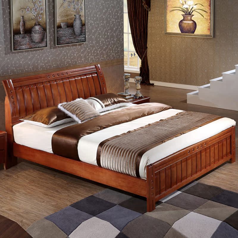 全实木床 1.5米 1.8米 橡木床双人单人床简约现代中式高箱实木床