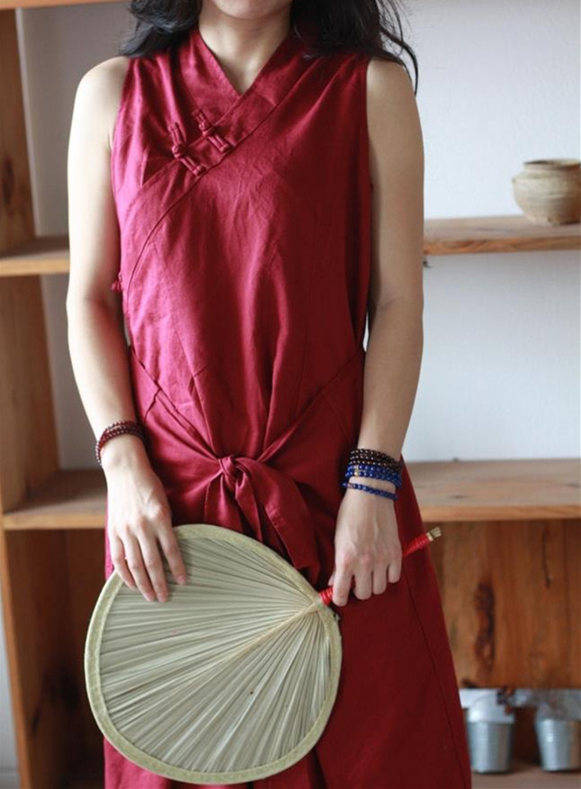 棉麻记和古石后的西藏长裙手工盘扣改良中式禅茶服汉服连衣裙女