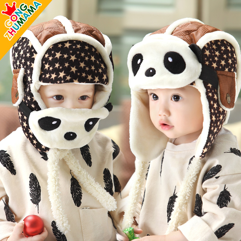 冬季婴儿帽子男童女童儿童加绒保暖宝宝帽子冬天雷锋帽子熊猫口罩
