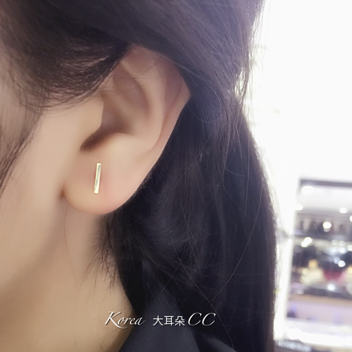 韩国正品代购 纯14K黄金耳钉 金色极简线条耳钉 简约中性 一字型