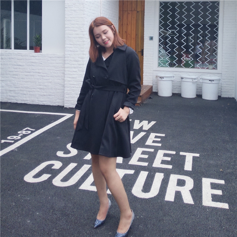 定制2016新款夏季大码女装修身显瘦胖MM黑色韩版风衣女双排扣高腰