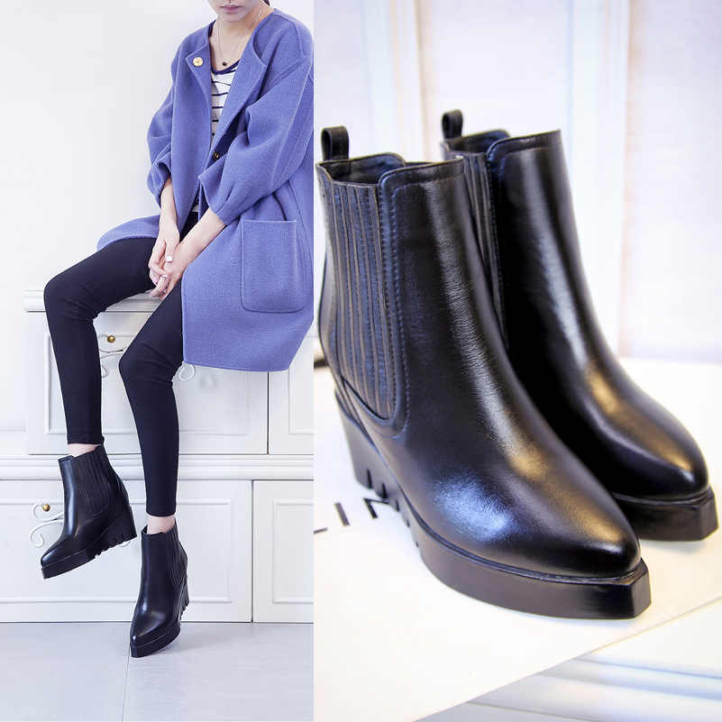 2015秋冬新款欧美真皮短靴头层牛皮尖头内增高坡跟气质舒适潮女靴