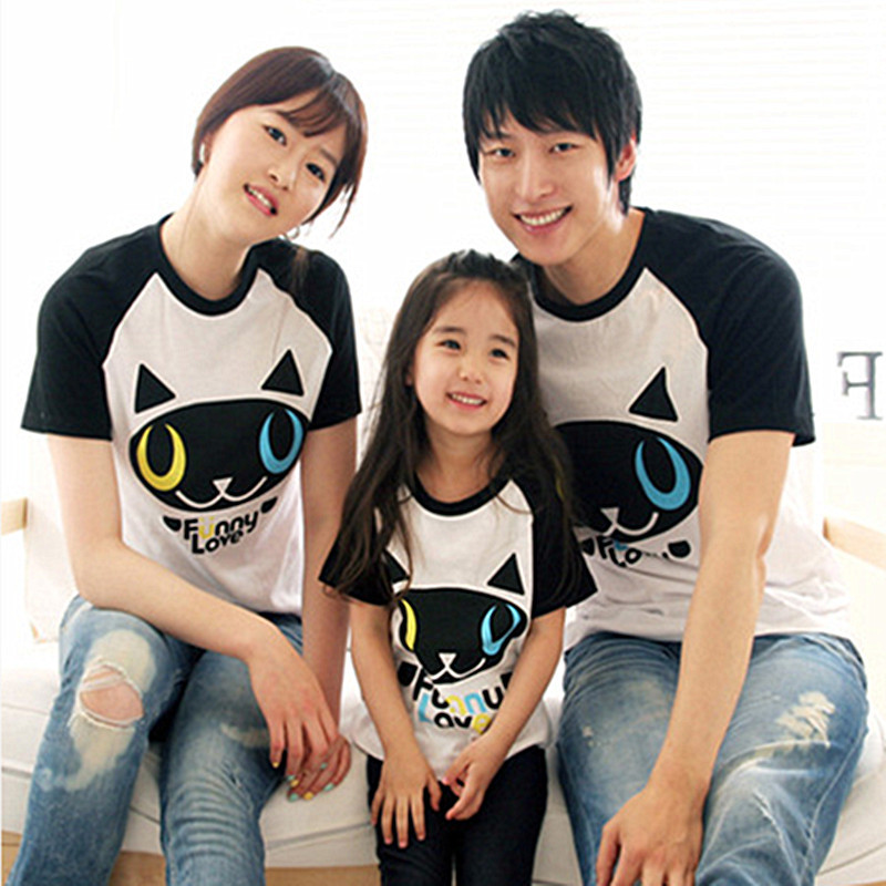2016韩版亲子装卡通可爱猫咪图案纯棉圆领短袖T恤上衣一家三口装