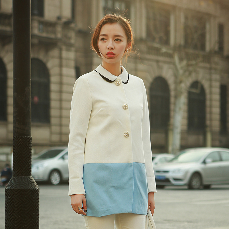 2015春季女装新款韩版圆领长袖外套中长款修身单排扣段外套