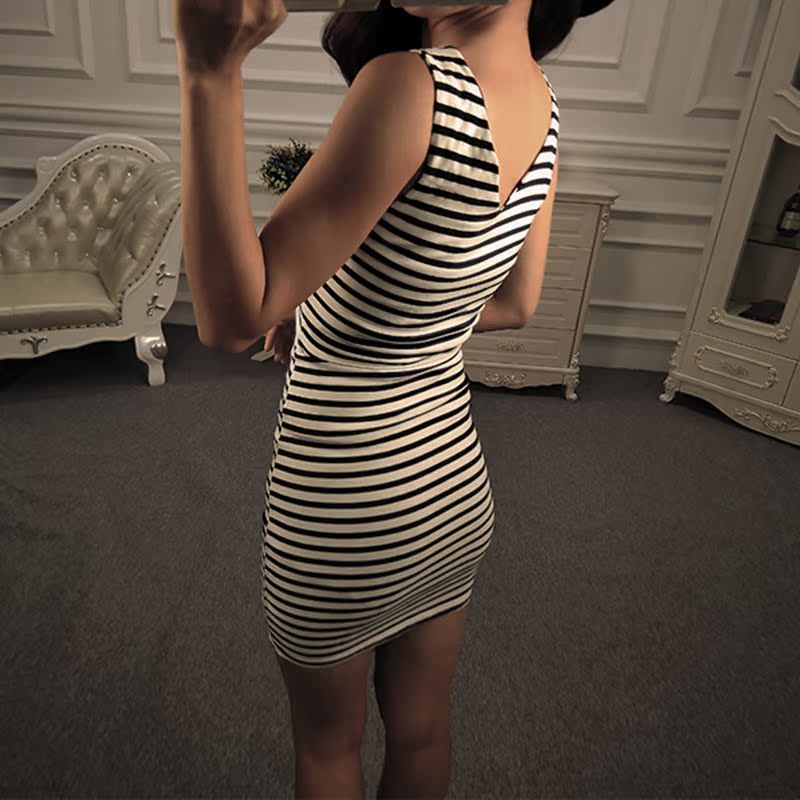 2015新品夏女装韩版复古简约修身显瘦性感吊带条纹包臀连衣裙中裙