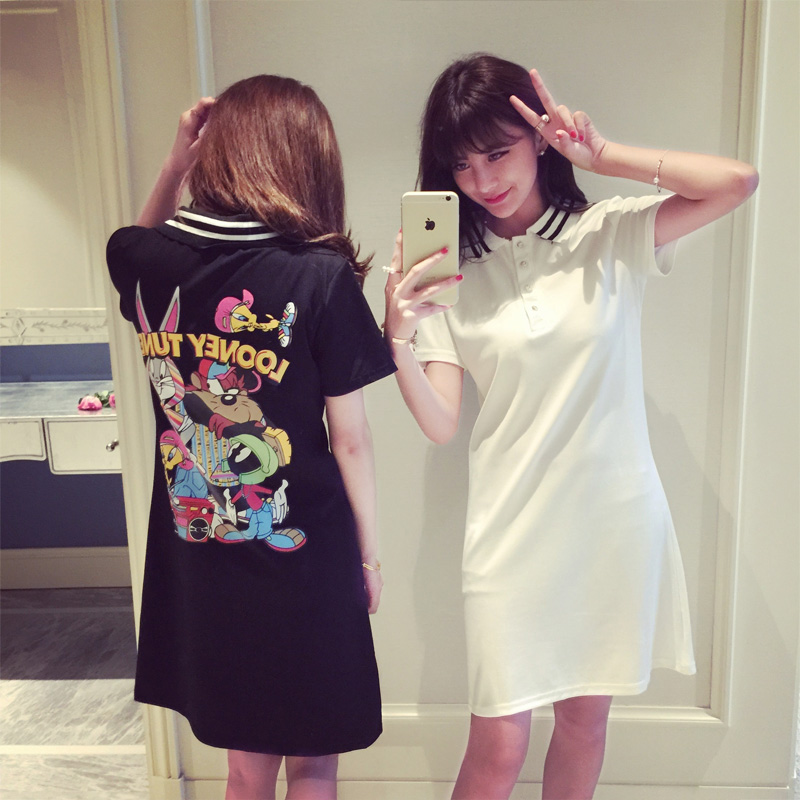 2015夏季中长款卡通印花短袖连衣裙女修身显瘦翻领POLO衫韩版T恤