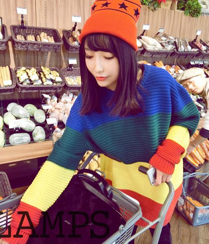 2016秋冬韩版学院风宽松复古拼色彩虹条纹大版套头毛衣学生女