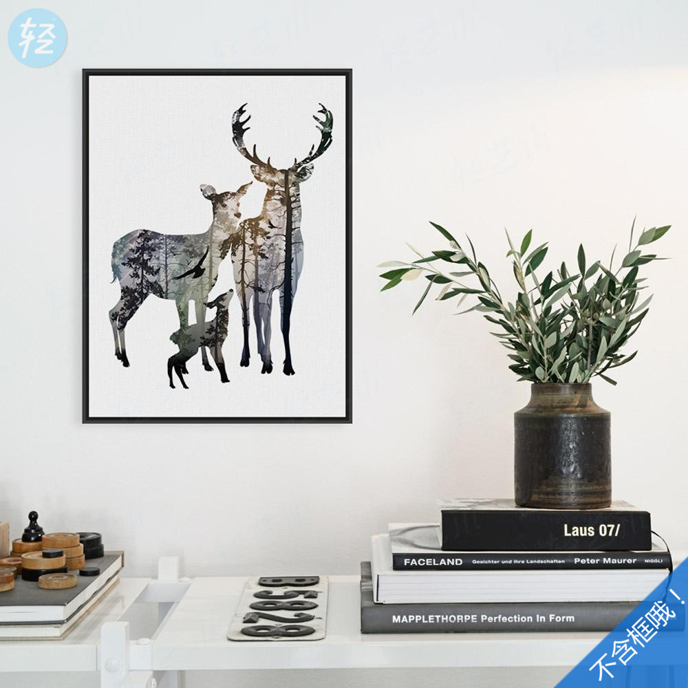 轻艺术相框画芯定制A4北欧简约复古森林麋鹿一家装饰布画挂画海报