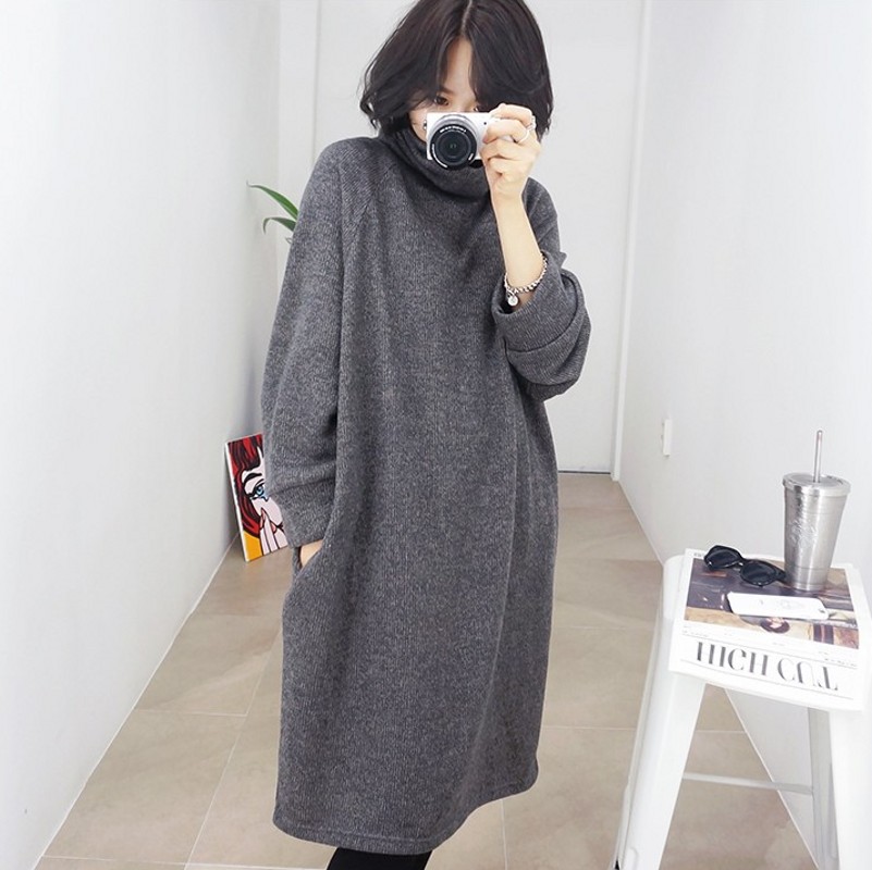 2015年韩国冬季新款女士原版高领套头加厚中长款外套休闲打底毛衣