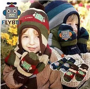 冬季儿童机器人图案包指挂绳时尚保暖手套   男女童可爱卡通针织
