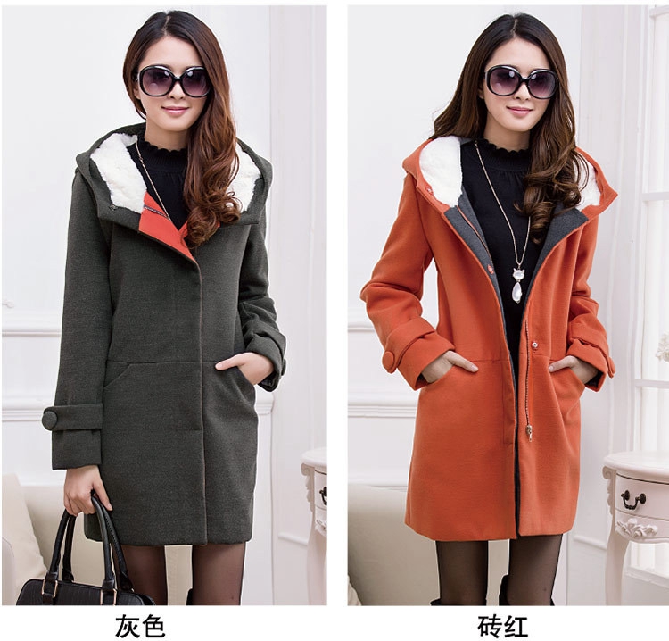 毛呢外套女冬装新款2015韩版加厚保暖连帽女装中长款羊毛呢子大衣