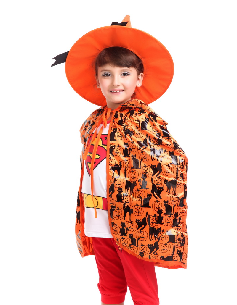 万圣节儿童小孩巫婆披风+巫婆尖帽子 橙色