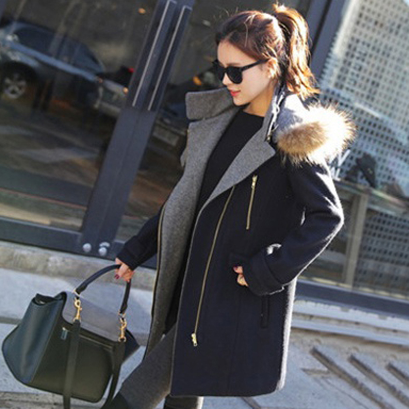 2015冬季韩版女装修身显瘦加厚呢大衣 毛领连帽女中长款呢子外套