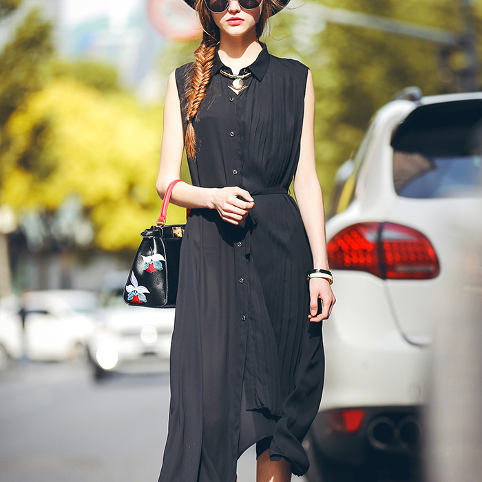 夏装新款独家设计师款韩版气质黑色不规则无袖衬衫裙雪纺连衣裙