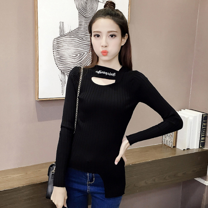 2016秋装新款韩版中长款镂空修身上衣套头毛衣针织衫女显瘦打底衫