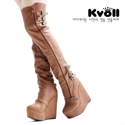 女靴 长靴 正品Kvoll百搭厚底显瘦坡跟靴子 过膝靴 跟高13cm
