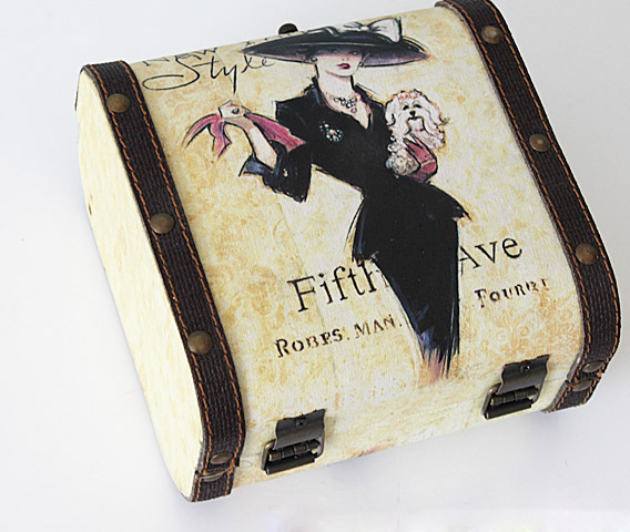 特价 vintage复古手绘风格摩登女郎小木箱小木盒桌面收纳盒首饰盒