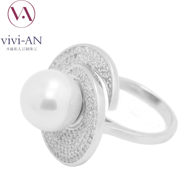 齐越珠宝 s925 银镶天然白色淡水珍珠戒指 锆石镶嵌送女友礼物