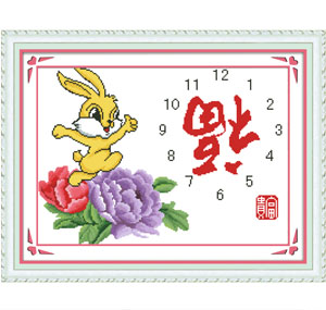 爱阁生产厂家精准印花十字绣钟表 金兔送福钟 动物 卧室新款系列
