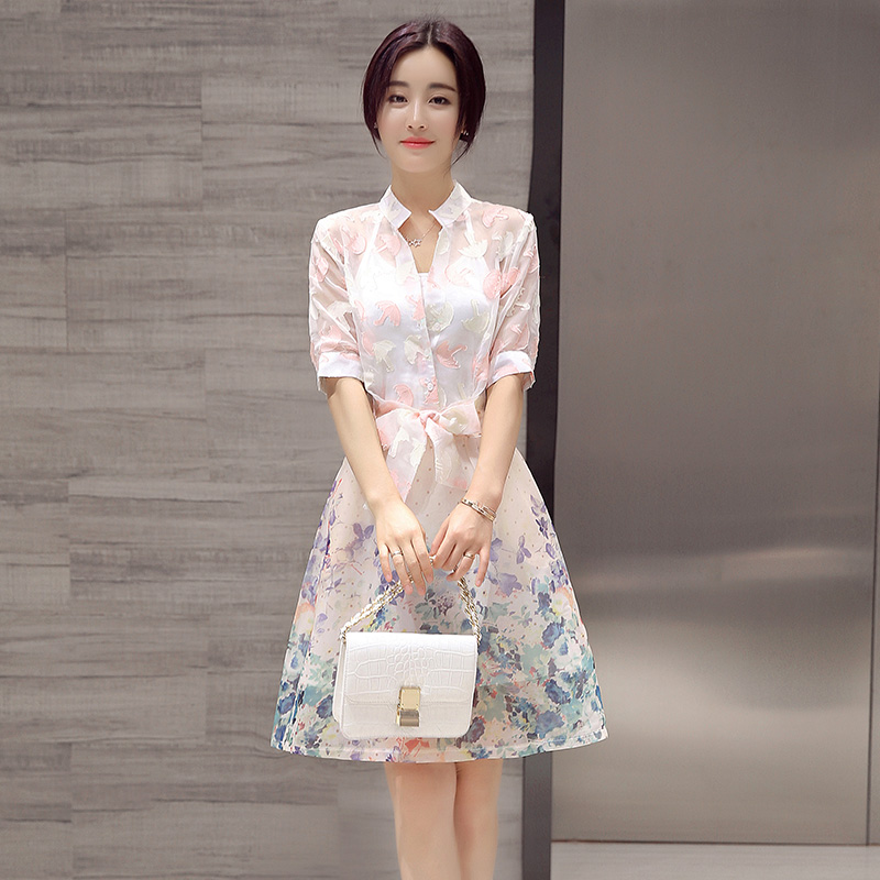 2016新款连衣裙夏 韩版修身短袖印花两件套欧根纱中长款连衣裙女