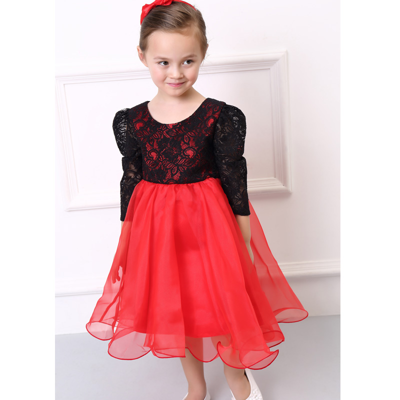 奇布町 2016新款儿童蓬蓬裙新年装黑色蕾丝 红色长袖女童晚礼服