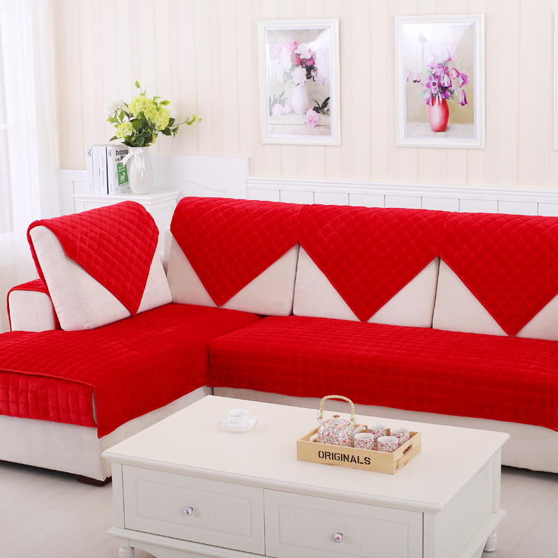 结婚沙发垫布艺坐垫红色喜庆长毛绒沙发套沙发巾罩防滑简约现代冬