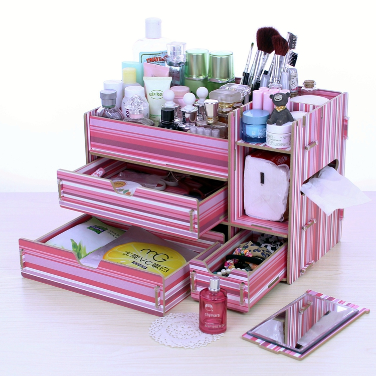 梳妆台桌面木质化妆品收纳盒大号带镜子抽屉式木制护肤储物收纳箱