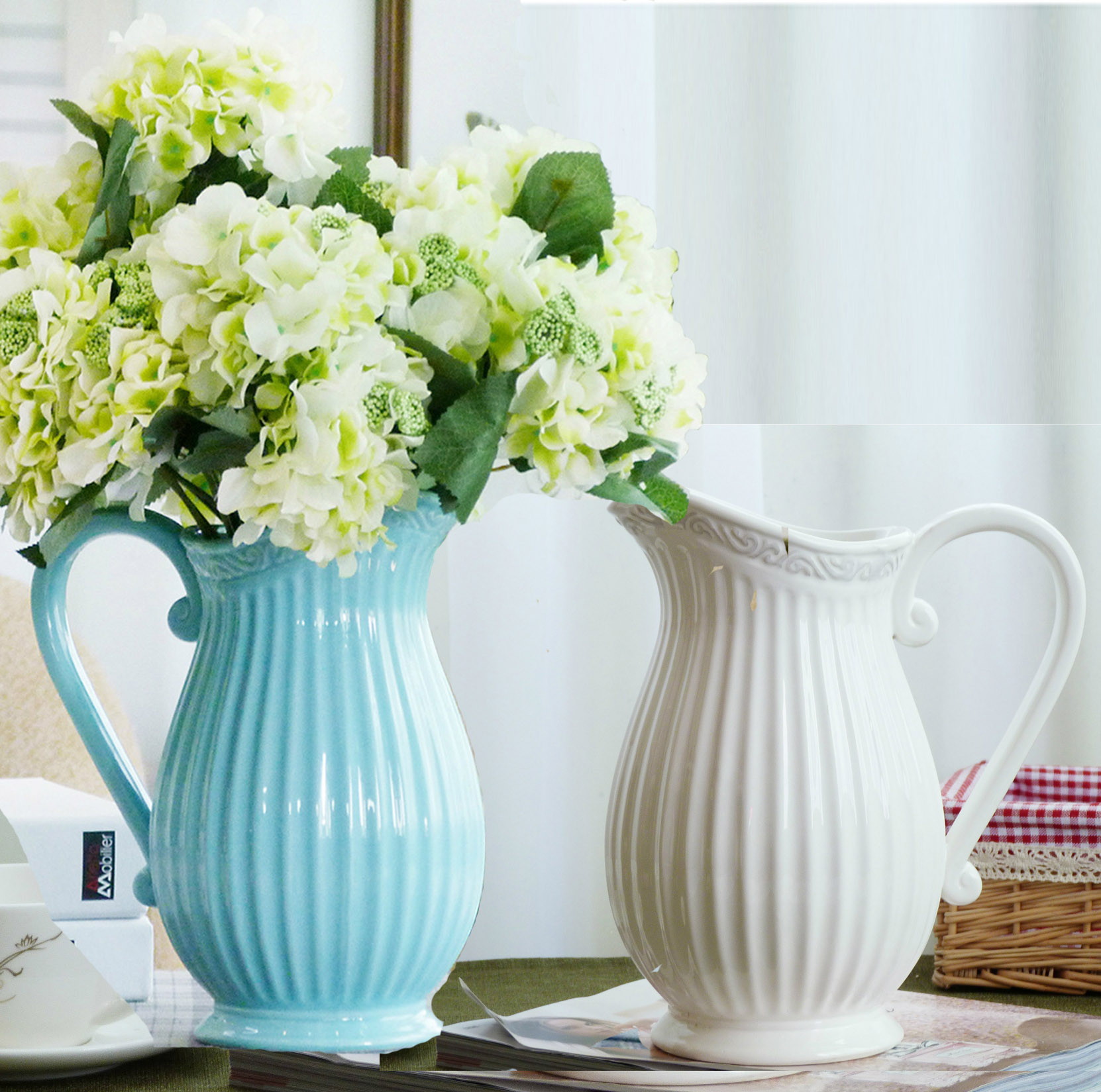 美式乡村复古地中海蓝色陶瓷花瓶壶家居装饰摆件假花瓶仿真花瓶