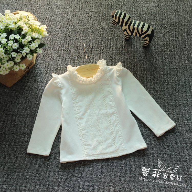 2015秋装新品韩版女童装小童宝宝婴儿木耳边蕾丝领长袖T恤打底衫