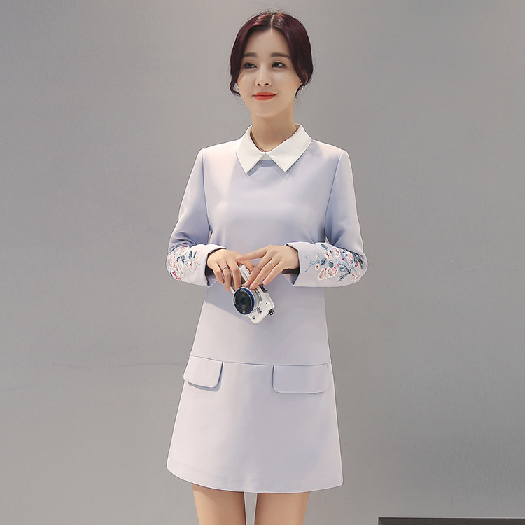 韩版东大门女装秋装 2016年新款娃娃领中长款宽松显瘦长袖连衣裙