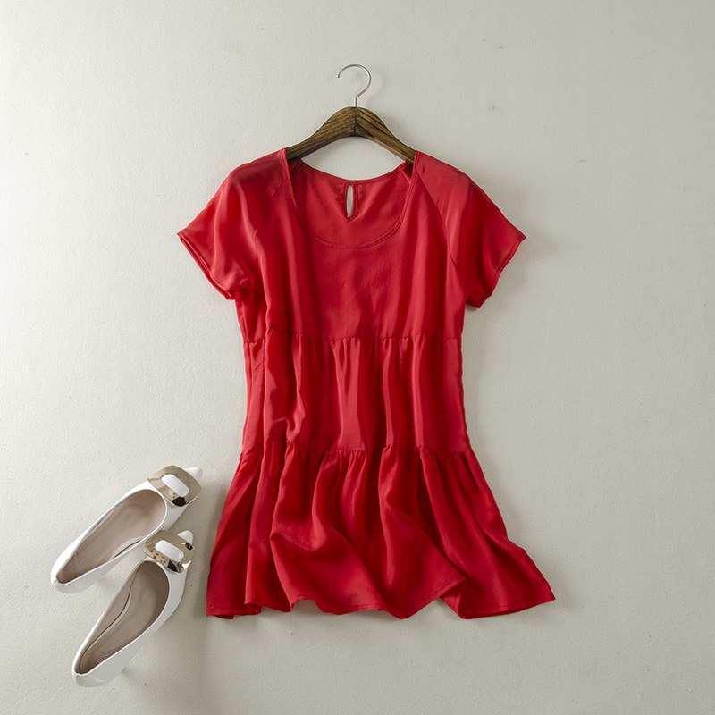 2015夏季新款纯色娃娃衫宽松荷叶边短袖T恤桑蚕丝女真丝红色上衣