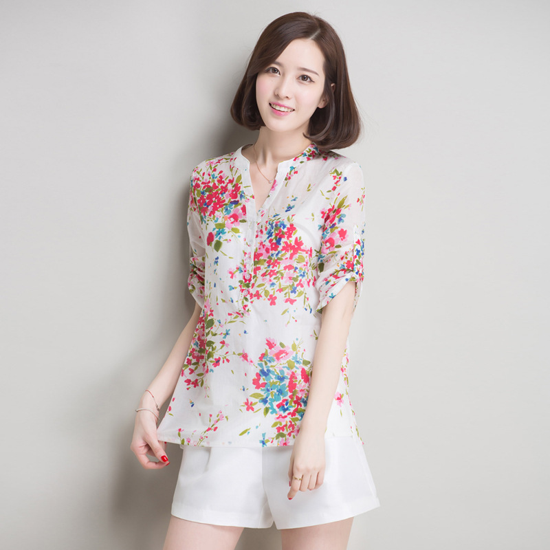 2016韩版新款修身夏季短袖衬衫薄 气质白领印花衬衫中长女上衣